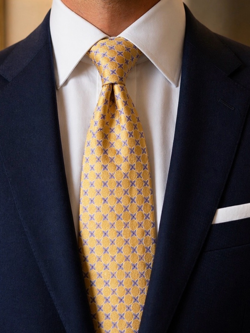 Valentino Silk Tie Gold Yellow Purple Geometric  Pattern Italy Designer Luxury